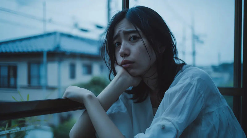 A contemplative young woman gazes out a window, her expression thoughtful and melancholic, set against a blurred residential backdrop.