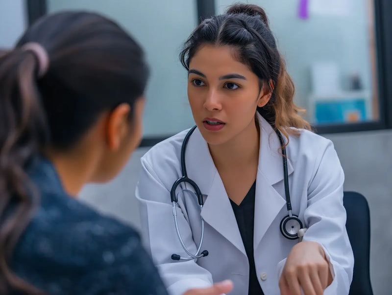 A young female doctor attentively listens to a patient in a clinical setting, showcasing a professional healthcare interaction.