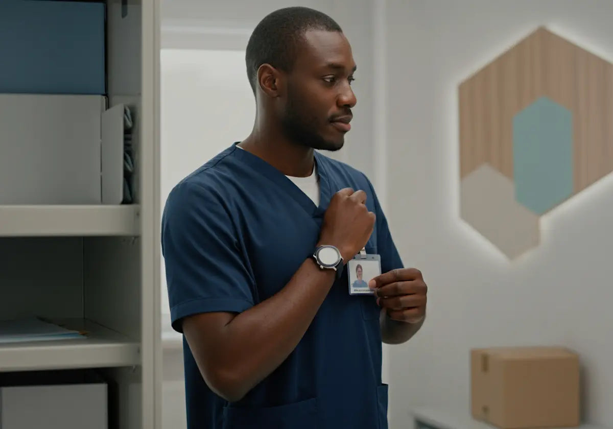 A healthcare professional in blue scrubs holding an ID badge in a modern, well-lit office setting.