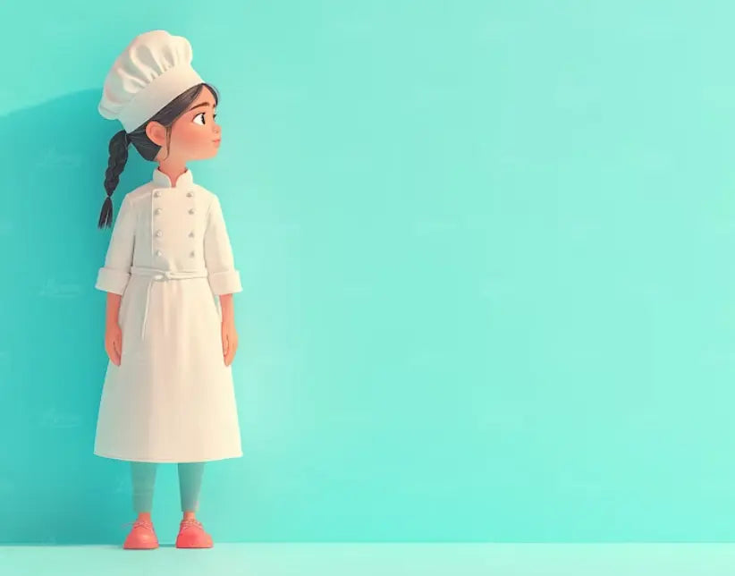 Young girl in a chef's outfit stands against a turquoise background, exuding confidence and curiosity.