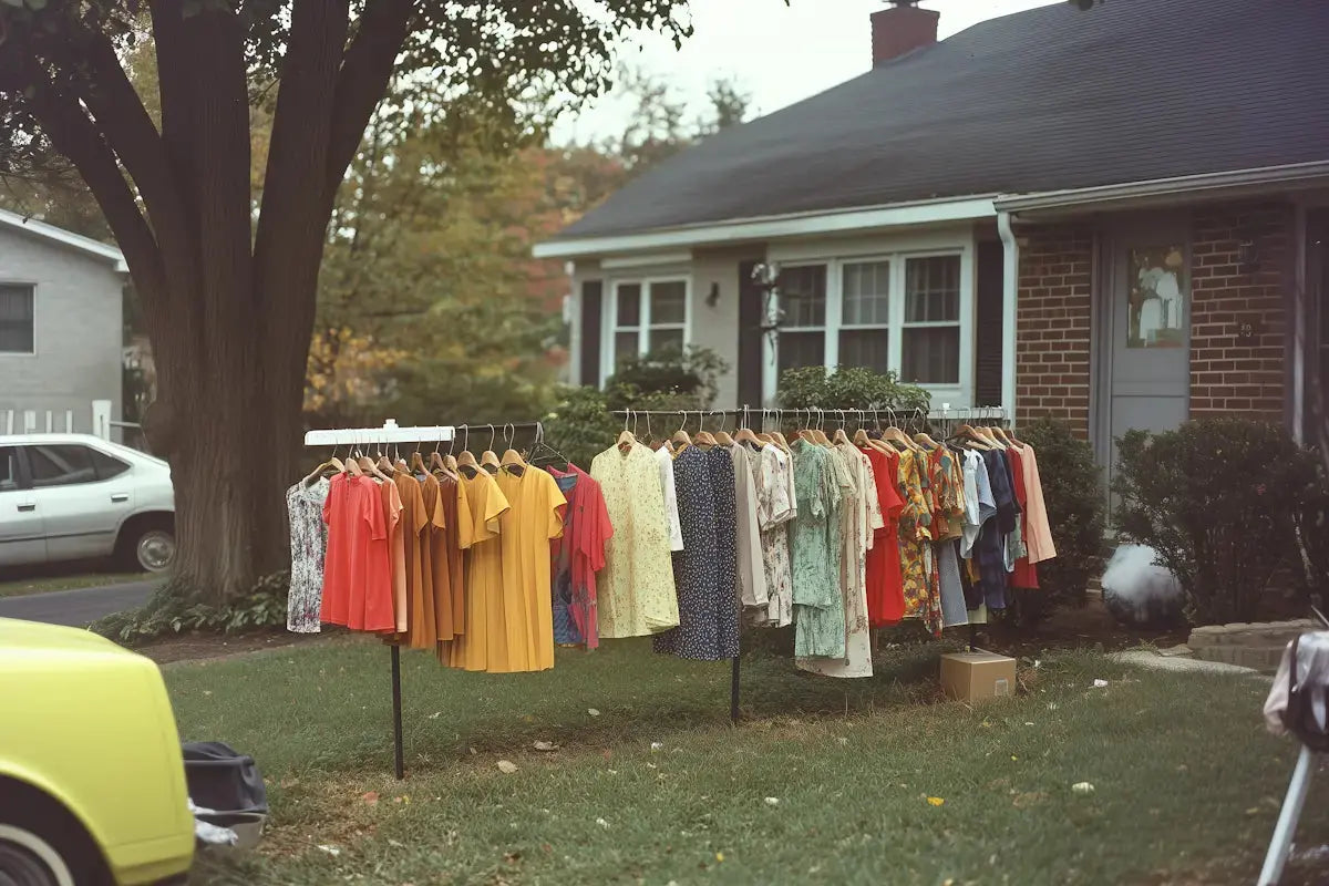 Colorful dresses on a rack in a suburban yard, suggesting a yard sale or outdoor market. Vibrant reds, yellows, and floral patterns.