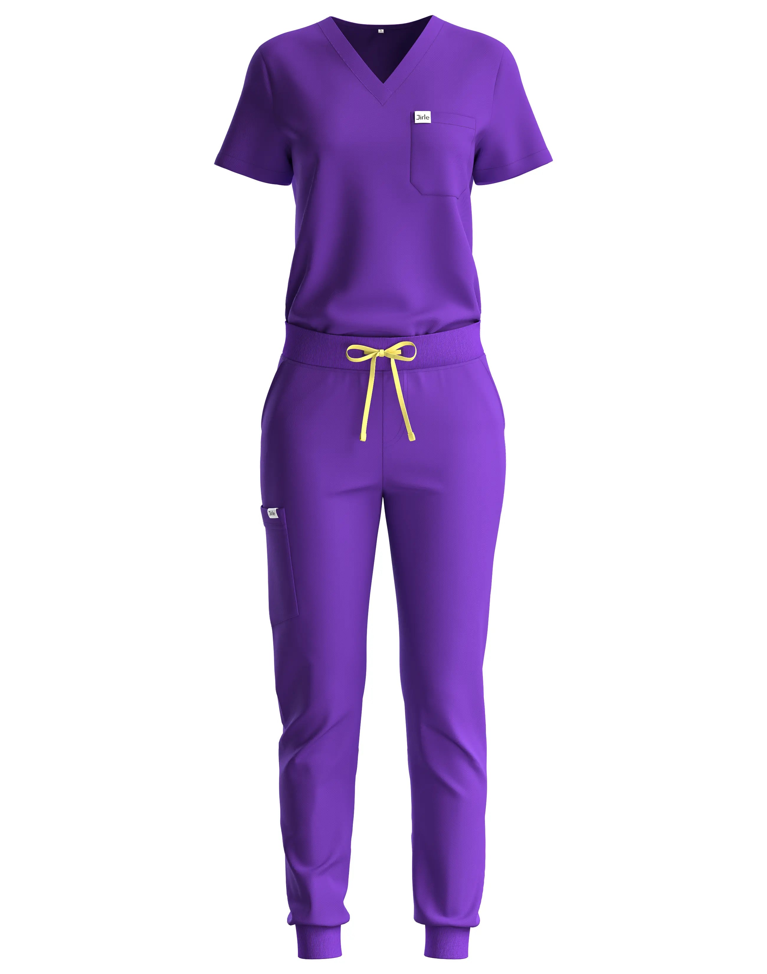 Purple scrub set with a yellow drawstring on a white background