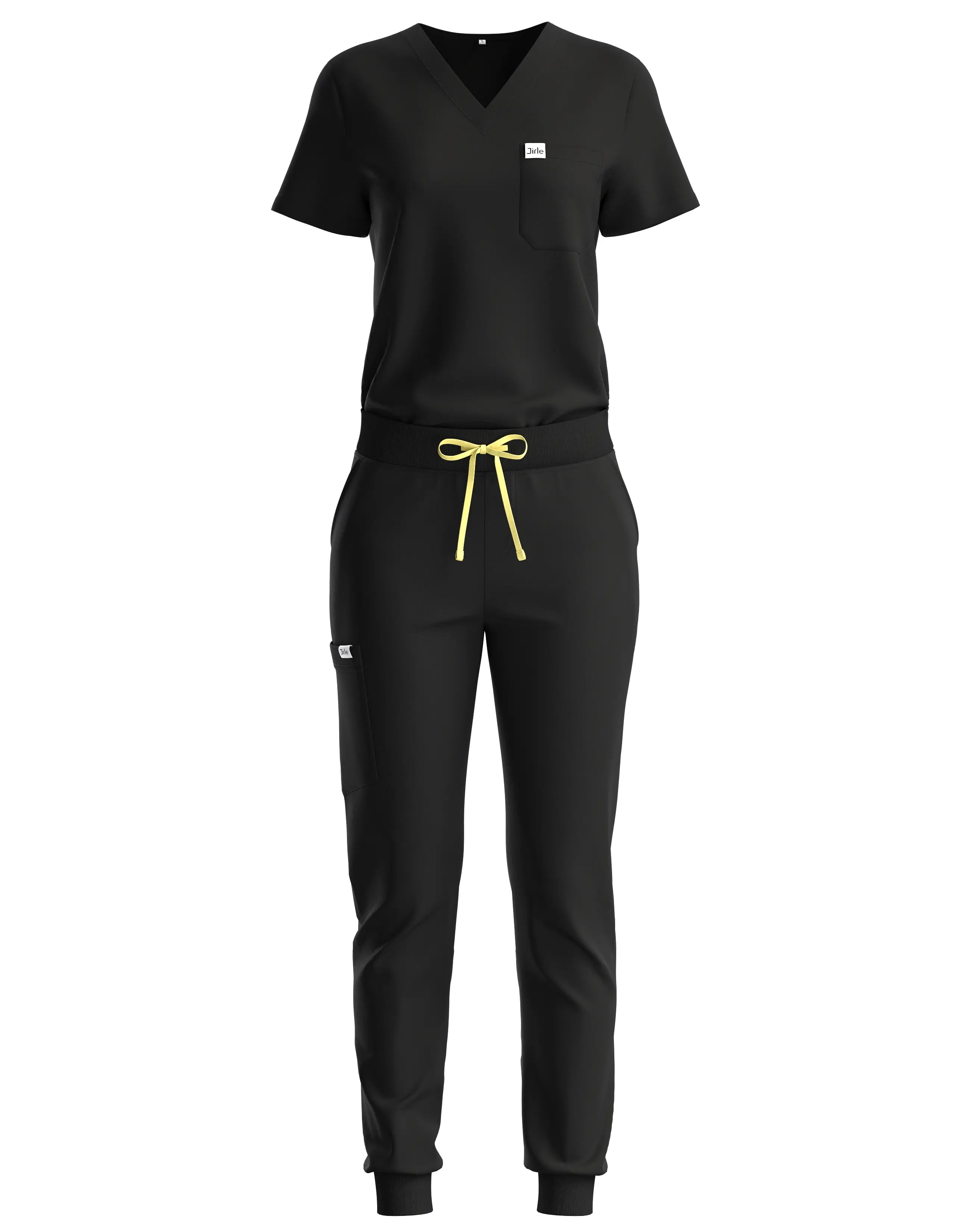 Black scrub set with yellow drawstring on a white background